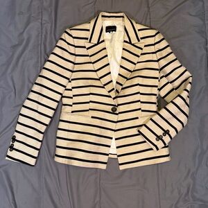 Judith & Charles Tan Striped Linen Cotton Nautical Blazer Jacket Size 8
